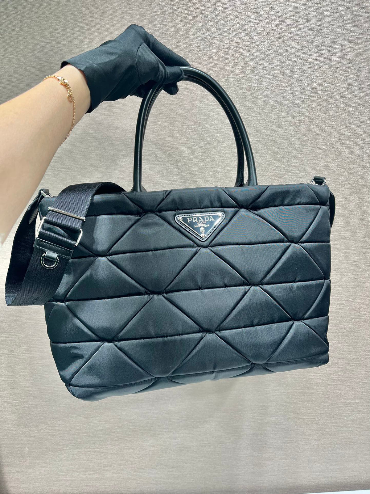 PRADA TRIANGLE PATTERN TOTE BAG 33 IN BLACK QUILTED RE-NYLON