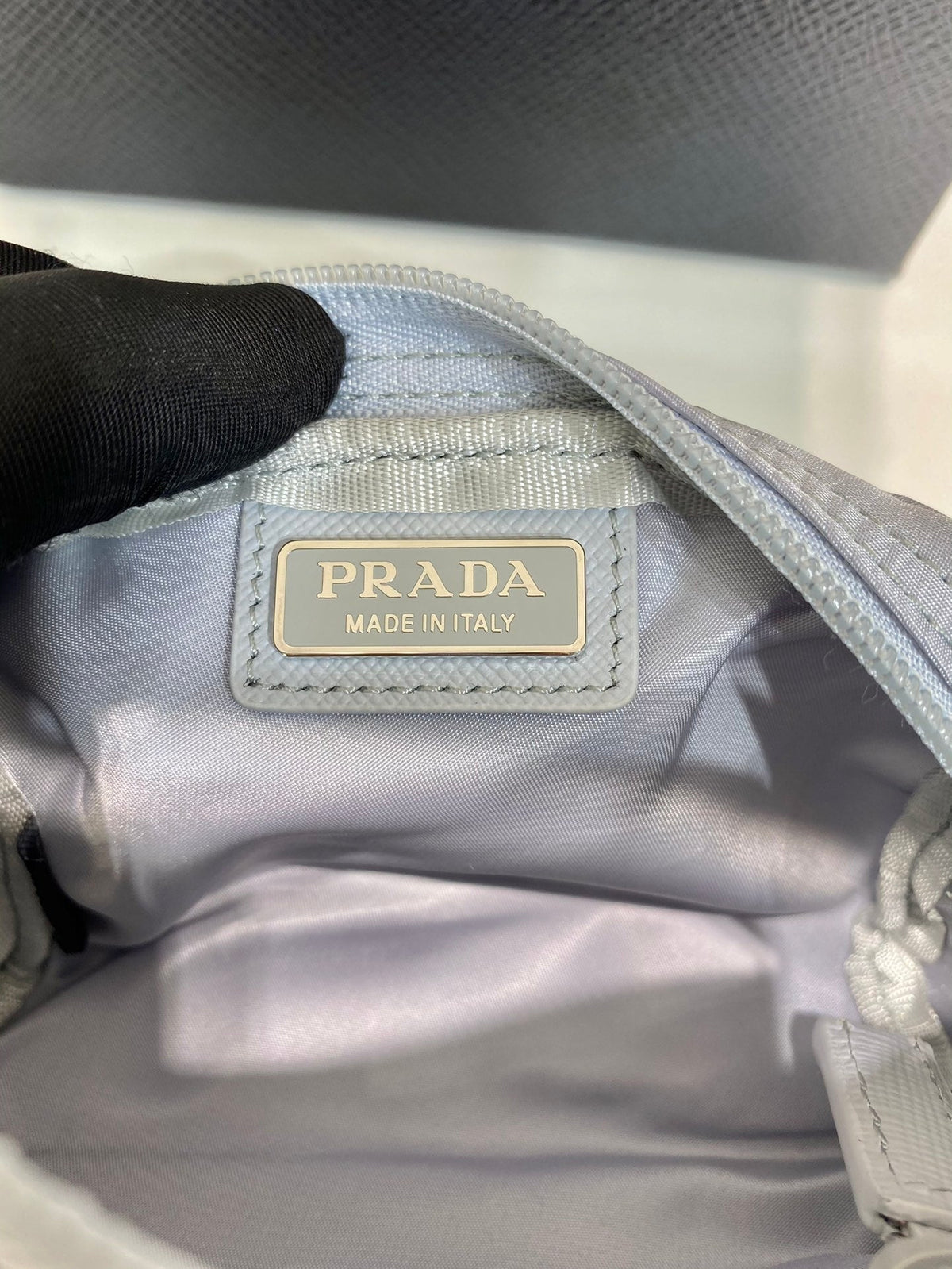 PRADA CLUTCH 12 IN LIGHT GREY RE-NYLON