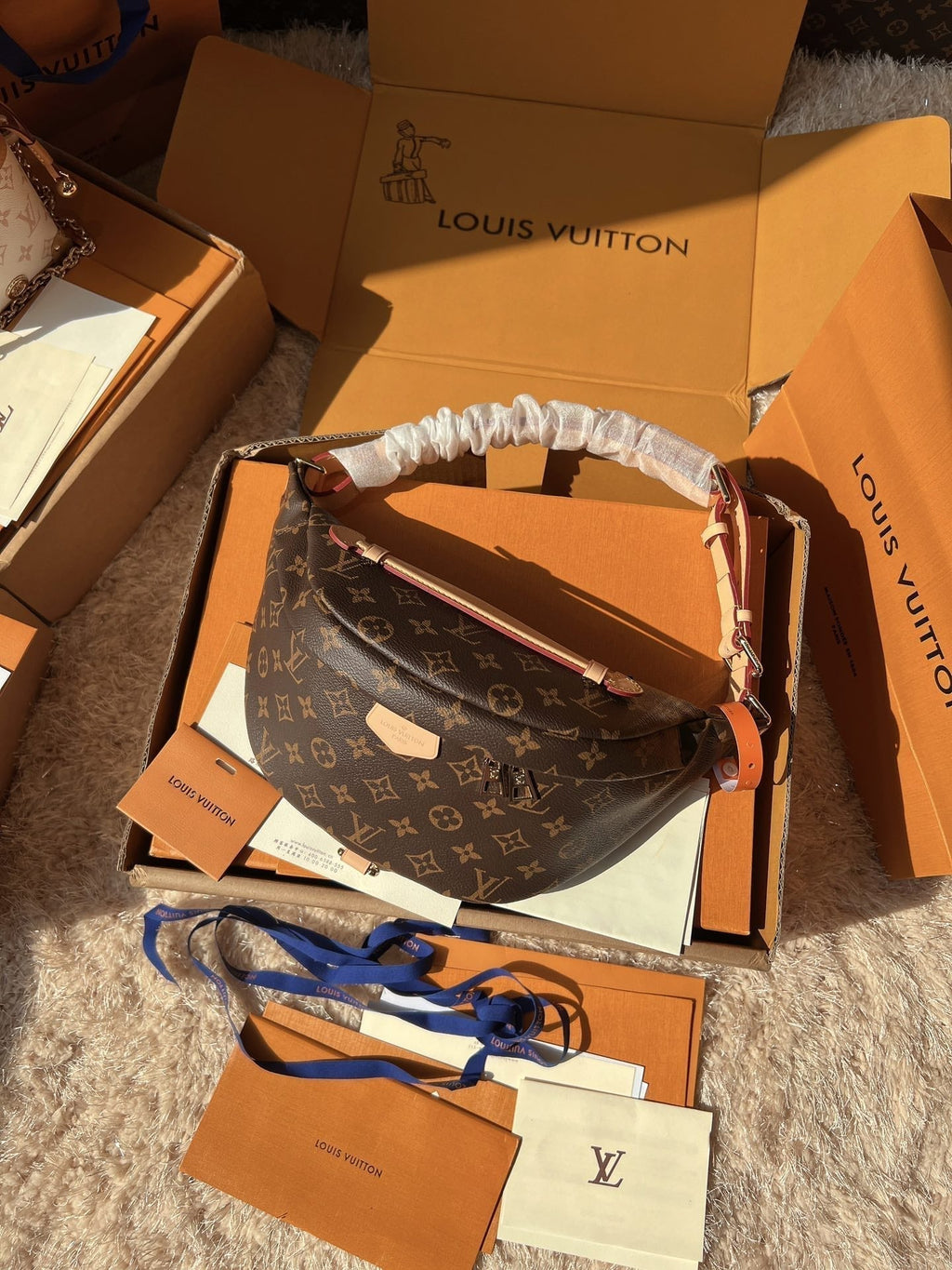 LV Bumbag Monogram Canvas Crossbody Belt Bag with Leather Trim and Adjustable Strap