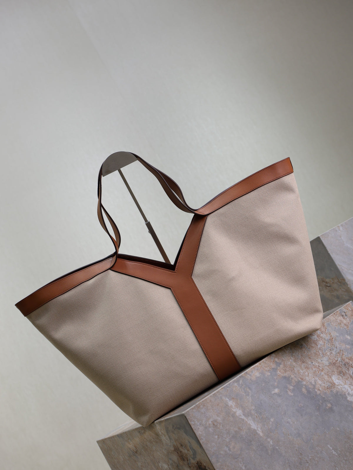 YSL 25S Y TOTE 50 IN BROWN BEIGE CANVAS AND CALFSKIN