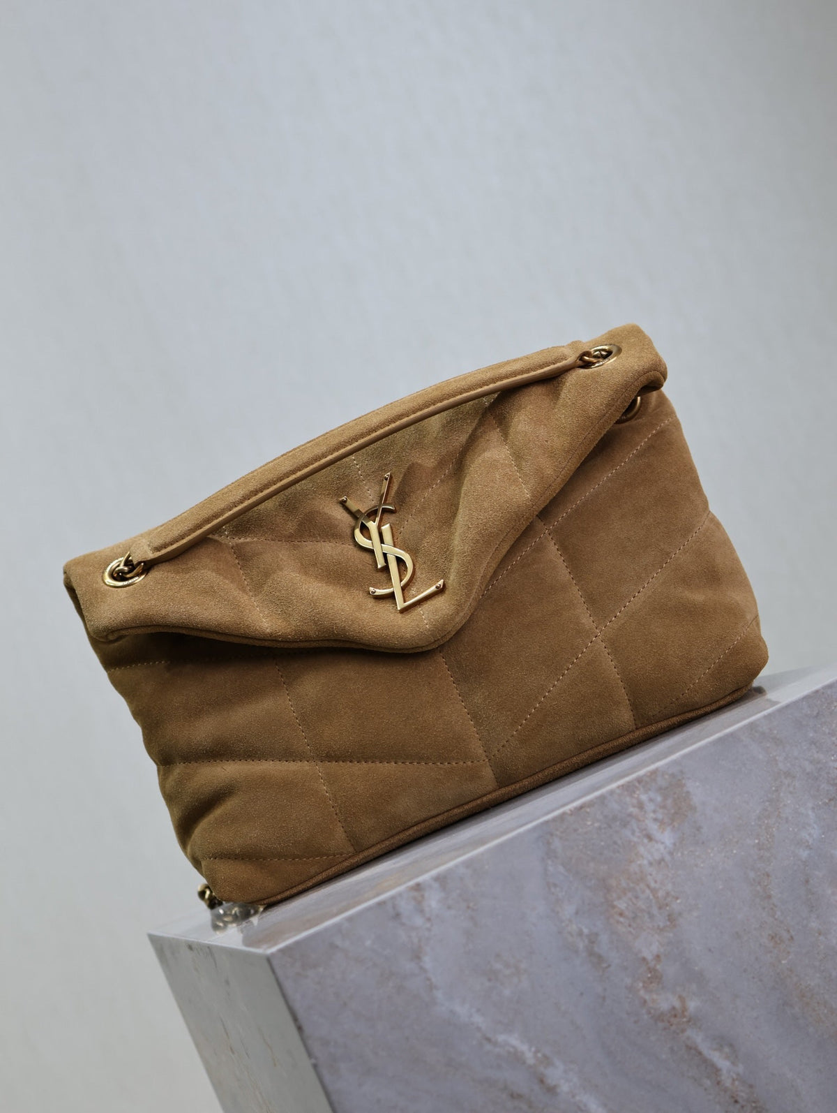 YSL 25S LOULOU PUFFER MM 29 IN TAN BROWN SUEDE GOLD HARDWARE
