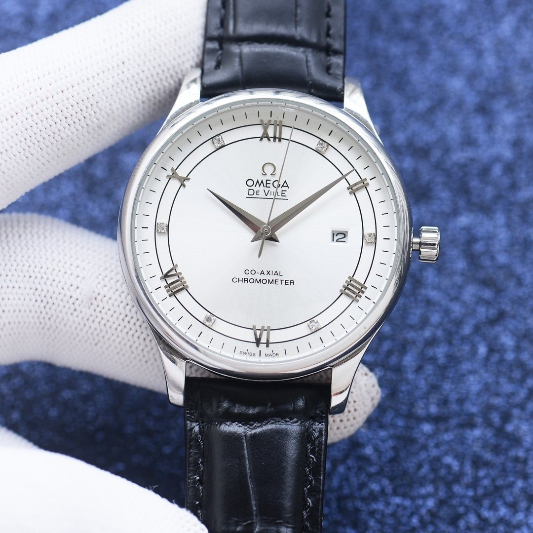 OMEGA White Dial Black Strap Watch