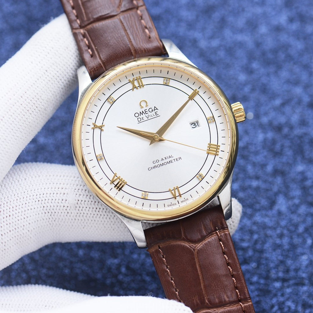 OMEGA Brown Gold White Dial Leather Strap Watch