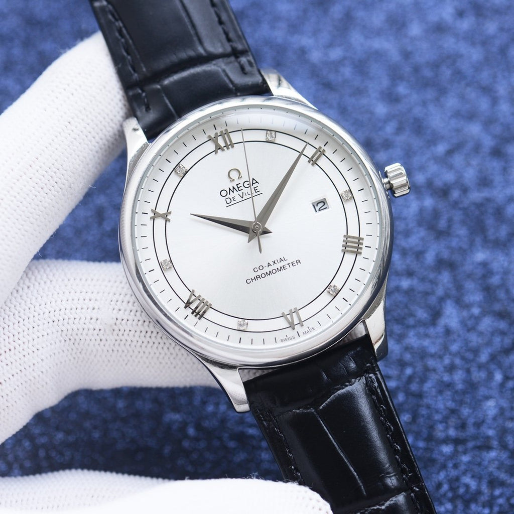 OMEGA White Dial Black Strap Watch