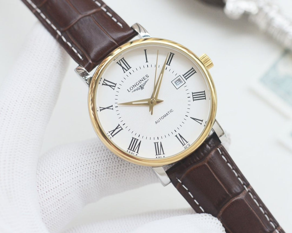 Longines Brown Gold White Dial Leather Strap Watch