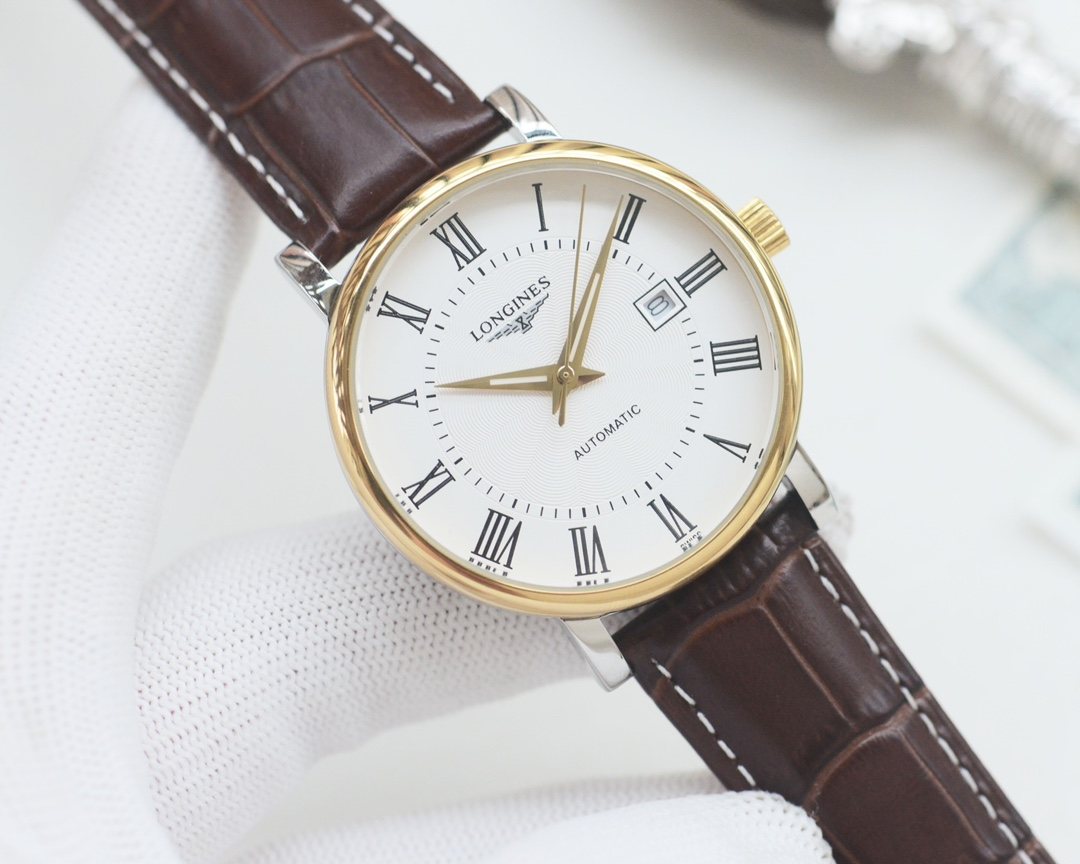 Longines Brown Gold White Dial Leather Strap Watch