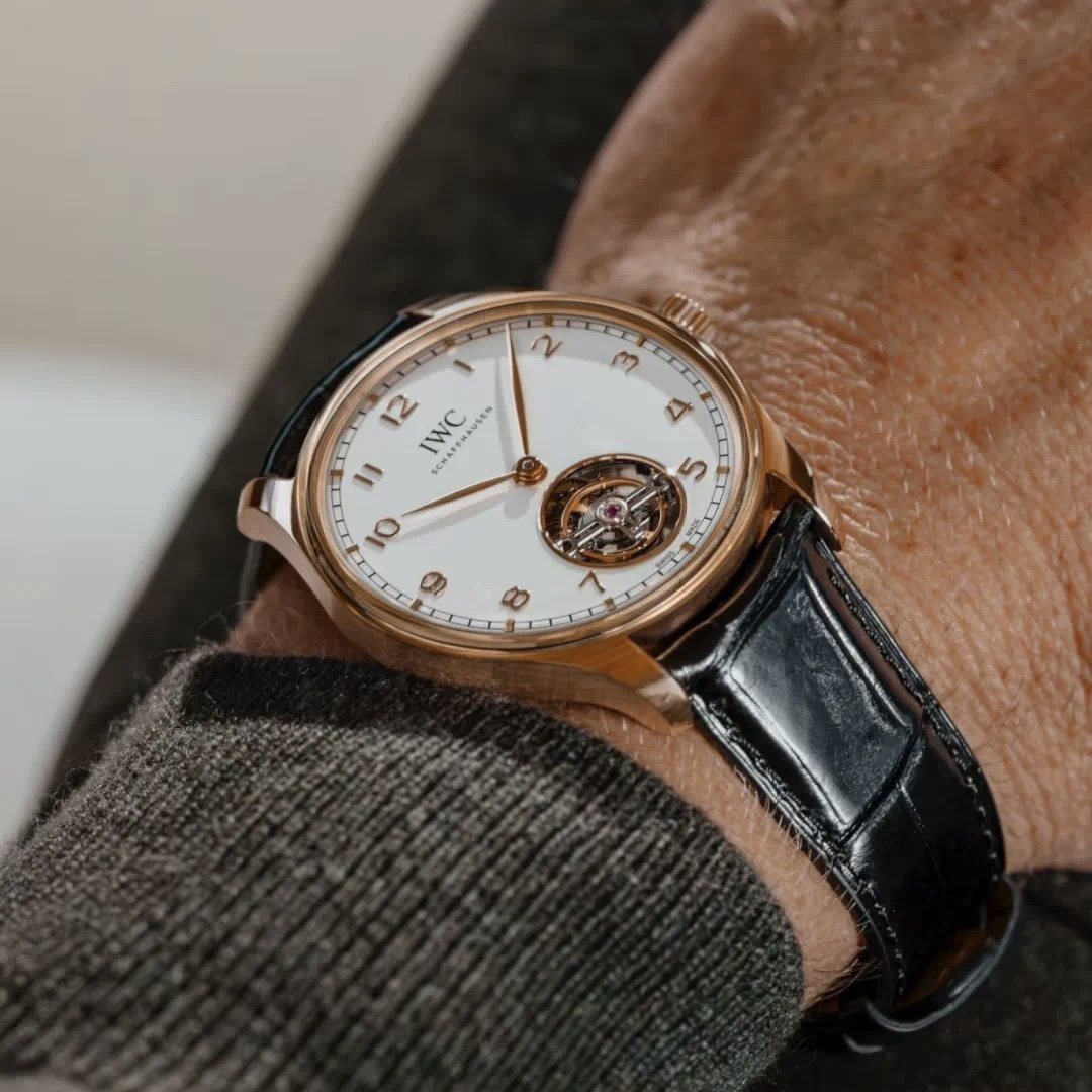 IWC Rose Gold Black Leather Strap Watch