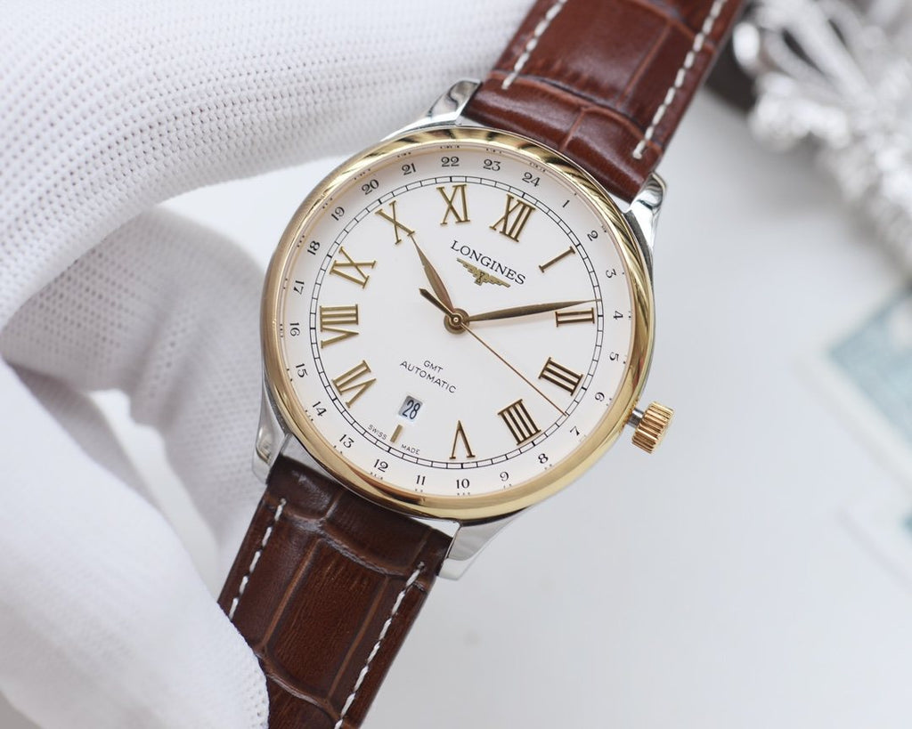 Longines Gold Brown White Dial Leather Strap Watch